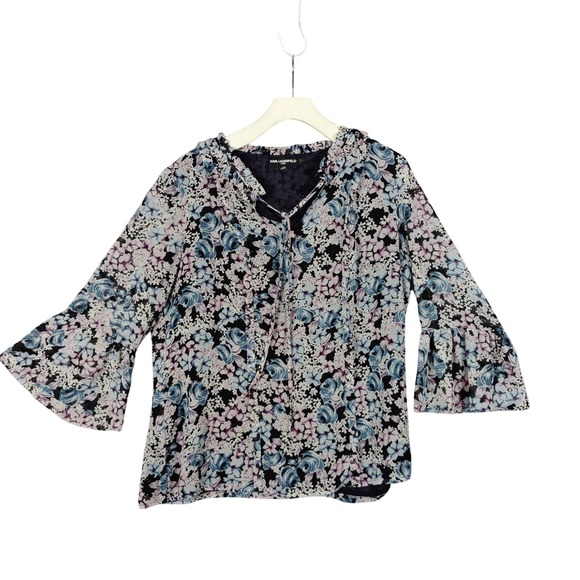 Karl Lagerfeld Peasant Cottage Floral Tie Neck Bell Sleeve Top Ruffles‎ Women L - Picture 1 of 10